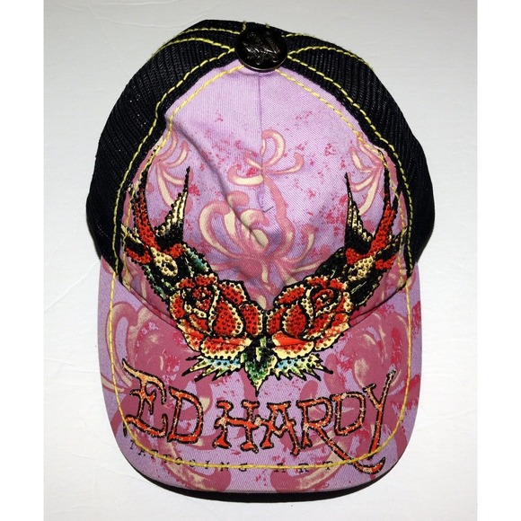 Ed Hardy Throwback Embellished Floral Roses Snapback Trucker Hat One Size